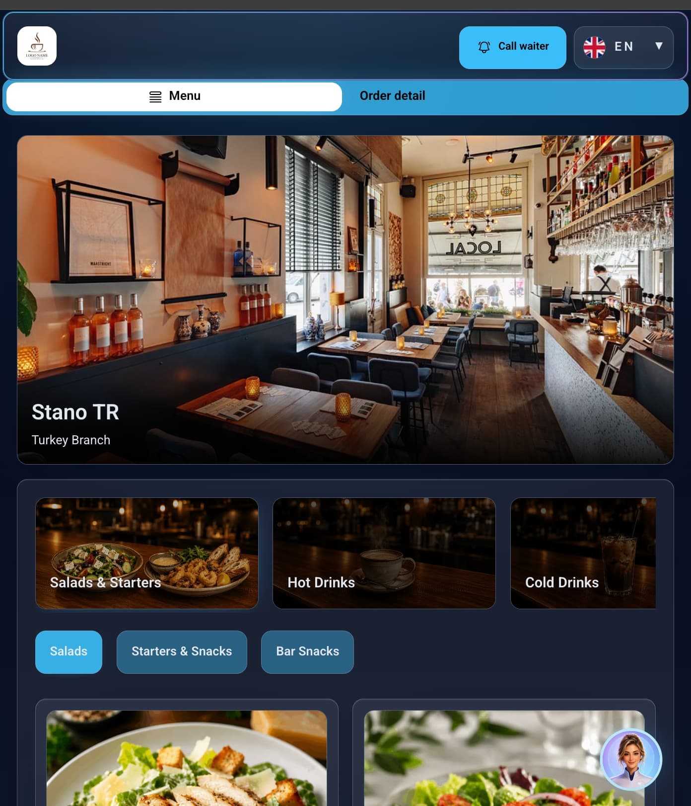 AI Waiter chat recommending a roasted beef pizza